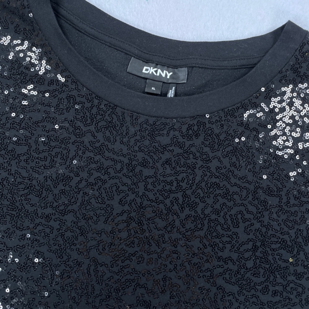 DKNY Womens XL Black Sequin Short Sleeve Crew Neck T-Shirt Top Silver Accents